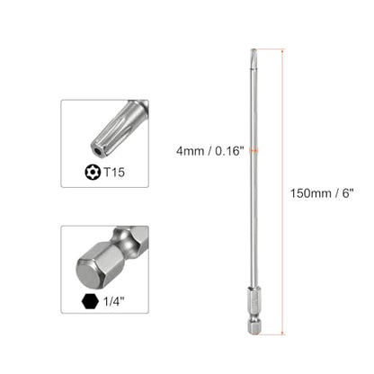 HARFINGTON 2pcs T15 Security Torx Bit 1/4" Hex Shank 6" Long S2 Steel Magnetic Tamper Resistant Star Bits Screwdriver Torx Head with Hole for Driver Drill Bits Remove Fastening Screws - size: T15