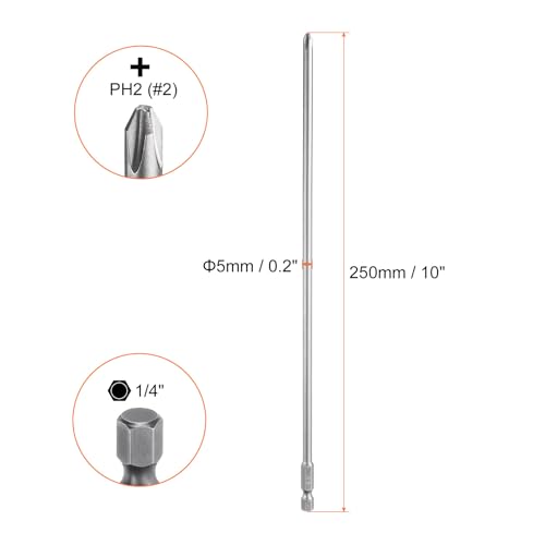 HARFINGTON 5pcs #2 Phillips Screwdriver Bit PH2 1/4" Hex Shank 10" (250mm) Long Magnetic S2 Steel Industrial Grade Screw Driver Bit Cross Head Electric Drill Bits 0.197" (5mm) Rod - size: PH2 x 250mm x 5mm