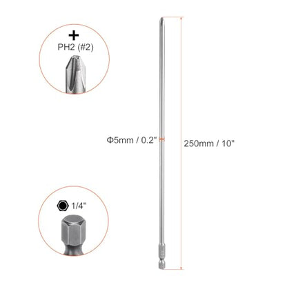 HARFINGTON 5pcs #2 Phillips Screwdriver Bit PH2 1/4" Hex Shank 10" (250mm) Long Magnetic S2 Steel Industrial Grade Screw Driver Bit Cross Head Electric Drill Bits 0.197" (5mm) Rod - size: PH2 x 250mm x 5mm