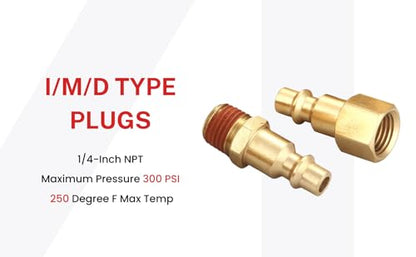 Coupler and Plug Kit, 1/4 Inch NPT, Industrial Type D | 7 Piece, Solid Brass, Quick Connect Air Hose Fittings Set, With Sealant - size: 7 Piece with sealant