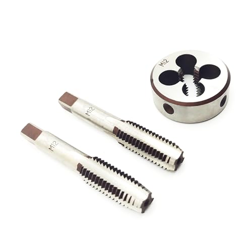 AtticZone M12 x 1.75 Metric Hand Thread Tap and Die Set, Right Hand 12 * 1.75, Alloy Tool Steel, 1 Taper Tap, 1 Plug Tap, 1 Round Die for Metal Working DIY Industrial - size: M12x1.75