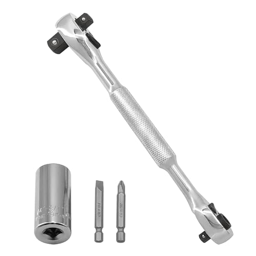 MacWork 4-in-1 Wrench and Universal Socket Set, 1/4", 3/8", 1/2" Drive and 1/4" Drive Bit Driver Ratchet Handle, 72-Tooth, with Universal Socket(7-19mm), Phillips #2 & Slotted 1/4" Screwdriver Bit
