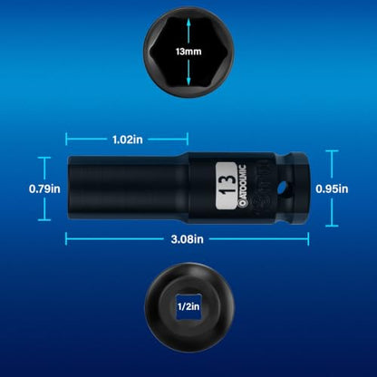 1/2 Inch Drive x 13mm Deep 6PT CR-MO Impact Socket for Removing Axle nut | Metric Socket,6-Point Radius Corner Design,Two Size Markings,Square Chamfered Opening,For Removal of Axle Nut - size: 13 mm, style: 1/2" Drive Deep Socket