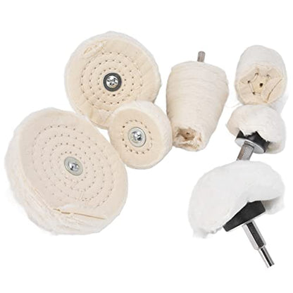 7 Piece Buffing Wheel Kit for Drill Cotton Flannel Polishing Pads in Cylindrical Cone Flat Shapes 1 4 Inch Shank Compatible with Tools Ideal for Metal Glass Stainless Steel Automotive Finishing