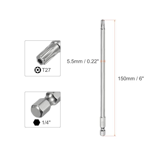 HARFINGTON 2pcs T27 Security Torx Bit 1/4" Hex Shank 6" Long S2 Steel Magnetic Tamper Resistant Star Bits Screwdriver Torx Head with Hole for Driver Drill Bits Remove Fastening Screws - size: T27