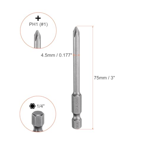 HARFINGTON 5pcs #1 Phillips Screwdriver Bit PH1 1/4" Hex Shank 3" (75mm) Long Magnetic S2 Steel Industrial Grade Screw Driver Bit Cross Head Electric Drill Bits 0.177" (4.5mm) Rod - size: PH1 x 75mm x 4.5mm