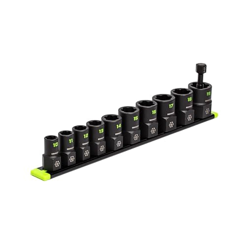 GRIPEDGE Tools | 10-PC – 3/8'' Drive Metric RPT Socket Extractor Set | Sizes 10 – 19 MM | Removes Broken Studs, Stripped Bolts and Lug Nuts | Includes Premium Aluminum Socket Rail|