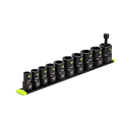 GRIPEDGE Tools | 10-PC – 3/8'' Drive Metric RPT Socket Extractor Set | Sizes 10 – 19 MM | Removes Broken Studs, Stripped Bolts and Lug Nuts | Includes Premium Aluminum Socket Rail|