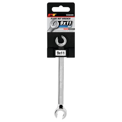 Performance Tool W30409 9 mm x 11 mm Metric Flare Nut Line Wrench | Automotive brake line wrench. 15-degree offset. Drop forged chrome alloy steel. Polished chrome finish - size: 9mm x 11mm Flare Nut Wrench