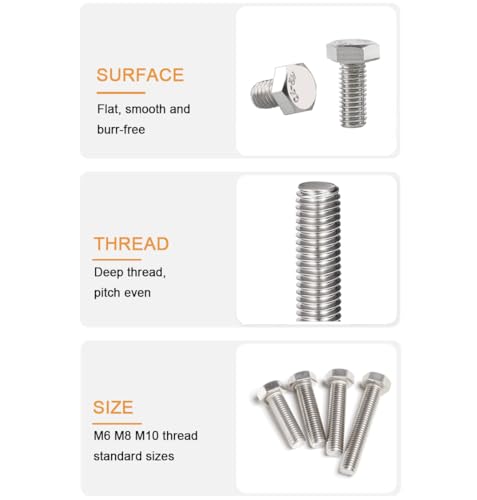 1-Pack M10 x 180mm Hexagon Screws Hex Bolts with M10 Hex Nuts Flat Washers/Spring Lock Washers Set, 304/18-8, Plain Finish - size: 1-Pack M10 x 180mm