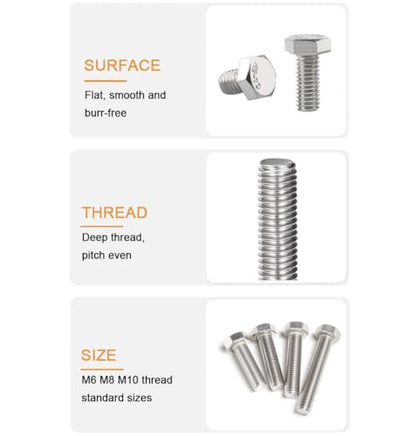 4-Pack M10 x 100mm Hexagon Screws Hex Bolts with M10 Hex Nuts Flat Washers/Spring Lock Washers Set, 304/18-8, Plain Finish - size: 4-Pack M10 x 100mm