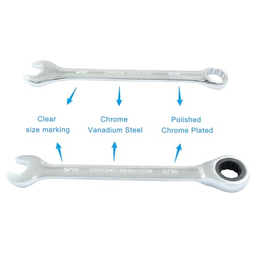 9/16 Inch Ratcheting Wrench 2 Pcs 72-Tooth 12-Point Chrome Plated | Forged 45# Carbon Steel Durable, 5-Degree Arc For Tight Spaces, 12-Point Protects Fasteners, Polished Chrome Anti-Rust - size: 0.56 Inch