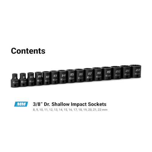 Capri Tools 3/8 in. Drive Shallow Impact Socket Set, 12-Point, Metric, 8 to 22 mm, 15-Piece - size: Shallow Set / 8-22 mm