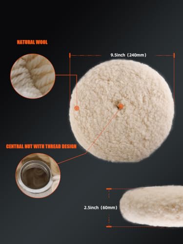 SPTA 9" (230mm) Wool Buffing Pad, Double Side 100% Natural Wool Pad with 5/8-11 Thread for 2-Sided Compound Cutting and Polishing for Automotive, Marine and Epoxies - size: 9 Inch (230mm)