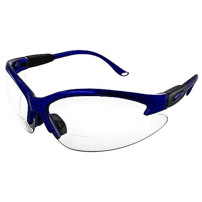 Global Vision Contender Bifocal Safety Glasses Blue Frame Clear Lens ANSI Z87+ for Men and Women Magnifying Reader 1.0 to 2.5 - size: 1.50