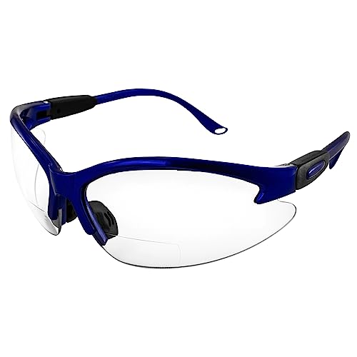 Global Vision Contender Bifocal Safety Glasses Blue Frame Clear Lens ANSI Z87+ for Men and Women Magnifying Reader 1.0 to 2.5 - size: 1.50