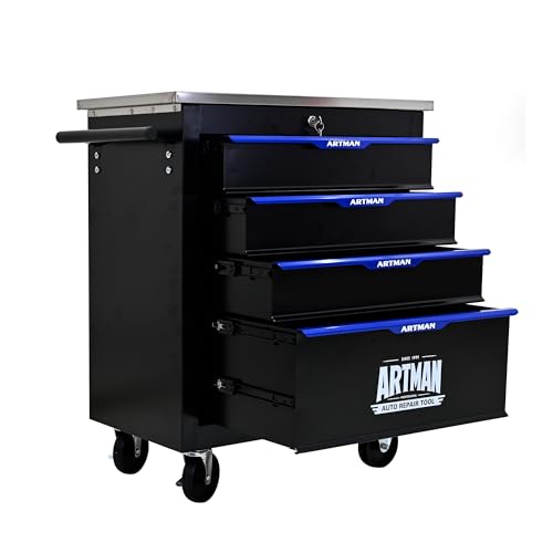Runboll 4 Drawer Rolling Tool Chest with Locker, 25.9" D Metal Movable Lockable Tool Cart Box Multi-Functional Hardware Storage Cabinet Box for Warehouse Basement Home Pantry Garage - color: Black/Blue-26" L, size: 4 Drawer