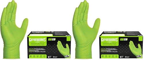 GLOVEWORKS HD Green Gloves, 8 Mil Nitrile Disposable Heavy Duty Raised Diamond Grip Mechanic Glove, Bulk Purchasing Options - size: Large, style: Box of 100