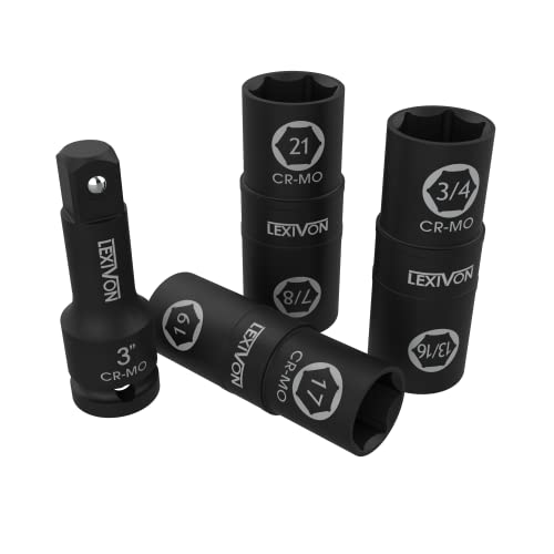 LEXIVON 1/2-Inch Drive Click Torque Wrench 10~150 Ft-Lb/13.6~203.5 Nm + Set of 1/2-Inch Flip Impact Socket, 6 Total Lug Nut Sizes