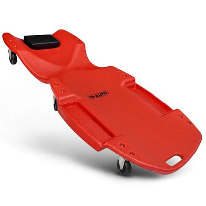M-AUTO Mechanic Plastic Creeper with Dual Tool Trays, 48" Ergonomic Rolling Garage Shop Creeper with Padded Headrest, 4 Noiseless Casters 350LBS Capacity Red - color: Red