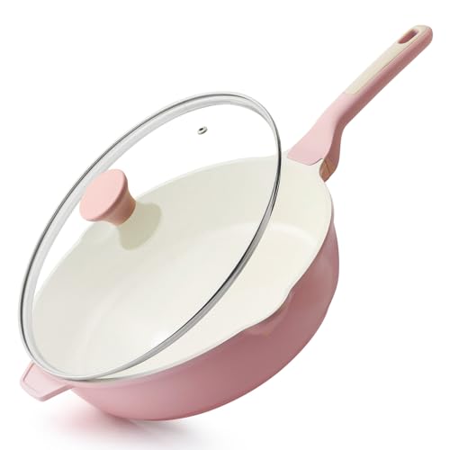 SENSARTE Nonstick Skillet with Lid 12-inch, 5QT Ceramic Deep Frying Pan, Non Toxic Saute Pan with Lid, Healthy Dishwasher Safe Cooking Pot, Induction Pan with Stay-cool Handle, Pink - color: Sakura Pink, size: 12-inch/5QT