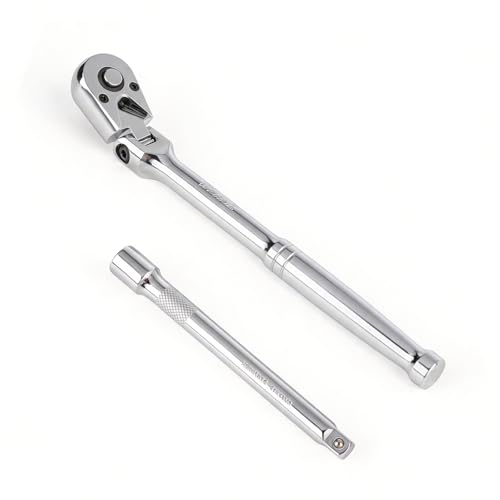Flex Head 3/8" Drive Ratchet Wrench, 90T Long Reach Ratchet, Quick-Release Reversible with Cr-Mo Head and 6" Extension Bar for Tight Spaces & Automotive Repair - size: 3/8"