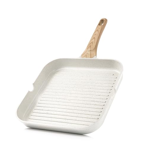 SENSARTE Nonstick Ceramic Grill Pan for Stove Tops, Versatile Square Grilling Pan with Pour Spouts, Durable Grill Skillet for All Stoves, Steak Bacon Pan, Non Toxic-PTFE,PFAS,PFOA Free, 11 Inch - color: White Ceramic, size: 11 Inch
