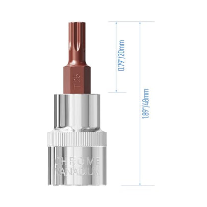 2-PC 3/8-Inch Drive T25 Torx Bit Socket, S2 Steel Bits, Heat Treated CR-V Steel Star Sockets 1.9"(48mm) Length - size: T25