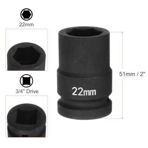 HARFINGTON 6-Point Impact Socket 3/4" Drive 22mm Metric 40Cr Alloy Steel Spindle Axle Nut Impact Socket - size: 22mm