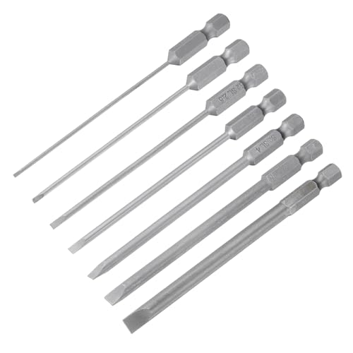 HARFINGTON 7pcs Slotted Screwdriver Bit Set SL1.6/SL2.0/SL2.5/SL3.0/SL4.0/SL5.0/SL6.0 S2 Steel 1/4" Hex Shank 4" Length Magnetic Flat Head Power Drill Bits