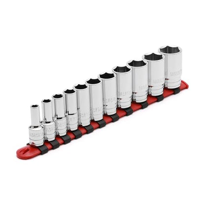 CASOMAN 11PCS 3/8" Drive 6 Pt. Mid-Length Socket Set, SAE, Mirror Chrome Finish, 1/4", 5/16", 3/8", 7/16", 1/2", 9/16", 5/8", 11/16", 3/4", 13/16", 7/8" - size: 3/8"Dr., Mid-Length, 6.4 to 22.2mm