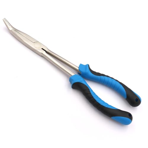 11" Long Nose Fishing Pliers, Straight & Bent Jaws, PTFE Coated Corrosion Resistant, Hook Remover & Braid Cutter Fishing Needle Nose Pliers, Saltwater Freshwater Gear for Bass Snook Trout - color: Nife-blue Black - Curved Needle Nose Pliers