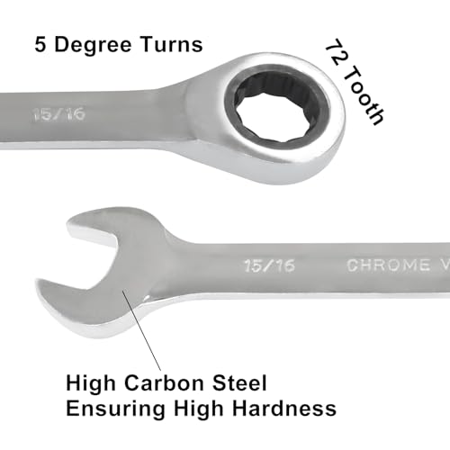 15/16 Inch Ratchet Wrench Imperial Ratcheting Combination Wrench, 12 Point, 72 Teeth for Projects SAE Tight Spaces - size: 15/16 Inch