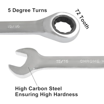 15/16 Inch Ratchet Wrench Imperial Ratcheting Combination Wrench, 12 Point, 72 Teeth for Projects SAE Tight Spaces - size: 15/16 Inch