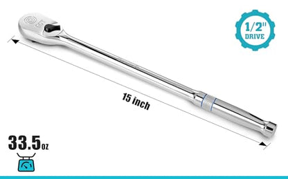 DURATECH Extra Long Handle 1/2-Inch Drive Ratchet, 90-Tooth Ratchet Wrench with 15" Handle and Dust Proof Teardrop Enclosed Head, Reversible, CR-V Steel Made, CR-MO Head, Full Polished, Gifts for Men - size: 1/2" with 15" handle