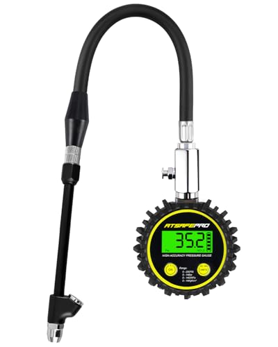 ATsafepro Digital Tire Pressure Gauge - Backlit Display, 200 PSI Accurate Tire Gauge - Hold Function, Long Hose, Dual Head Air Chuck, 4 Units, Bleed Valve, AAA Battery, for Car Truck RV