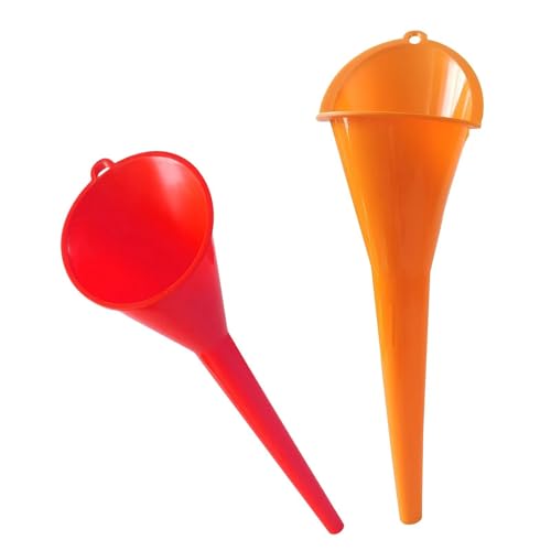 2 PCS Long Neck Oil Funnel, Multi Purpose No Spill Spill Saver Funnels with Hanging Loop Hand-Free Plastic Funnel, Portable Maintenance Tool for Automotive Oils Lubricants (Red+Orange)