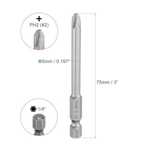 HARFINGTON 5pcs #2 Phillips Screwdriver Bit PH2 1/4" Hex Shank 3" (75mm) Long Magnetic S2 Steel Industrial Grade Screw Driver Bit Cross Head Electric Drill Bits 0.197" (5mm) Rod - size: PH2 x 75mm x 5mm