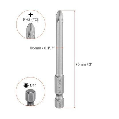 HARFINGTON 5pcs #2 Phillips Screwdriver Bit PH2 1/4" Hex Shank 3" (75mm) Long Magnetic S2 Steel Industrial Grade Screw Driver Bit Cross Head Electric Drill Bits 0.197" (5mm) Rod - size: PH2 x 75mm x 5mm