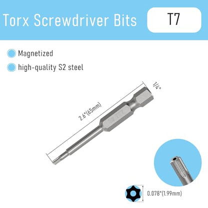 5PCS T7 Magnetic Tamper Proof Torx Screwdriver Bits, 1/4 Inch Hex Shank 2.6 Inch Length S2 Steel Security Drill Torx Head Drill Screw Driver Tools(65mm Long, Star 6 Point) - size: T7