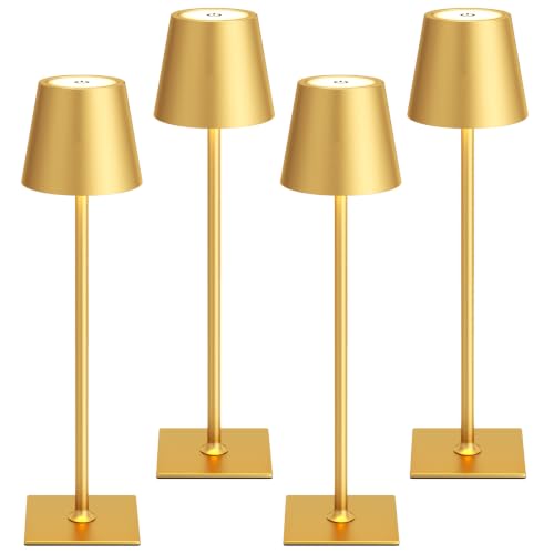 Kakanuo Gold Cordless Rechargeable Table Lamp 5000mAh Battery Operated Lamps, 3 Colors Stepless Dimming Touch Lamp for Dining, Living Room, Outdoor Patio, Kitchen Counter, 4 Pack - color: Gold 1, size: 4 Pack 14in - Up and Down Light