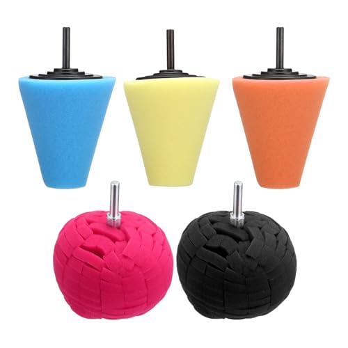 5Pcs Car Wheel Hub Drill Buffing Sponge Pads Kit,3 Inch Shank Polishing Pads for Wheel Hub Cleaning, Auto Cone Metal Polish Buffing Polishing Ball,Drill Buffer Polisher Attachment