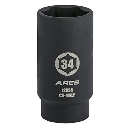 ARES 12038 34MM Axle Nut Socket, 6 Point Socket | Extra Deep 1/2-Inch Drive Impact Socket for Easy Removal of Axle Shaft Nuts - size: 34mm 6-Point