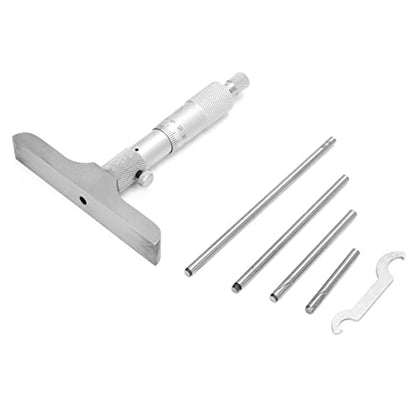 Depth Micrometer Stainless Steel Round Head Depth Micrometer Gage Measuring Tool with 5Pcs Rods (0-100mm 4 inches)