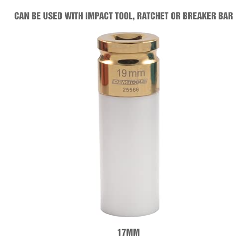 OEMTOOLS 25566 19MM Lug Nut Socket, 1/2" Drive 19mm Socket for Wheel Service, Non-Marring Sleeve, Thin Wall, CR-MO Steel for Impact Tools, 400 Ft-Lb Max Torque - size: 19mm (1 Piece)