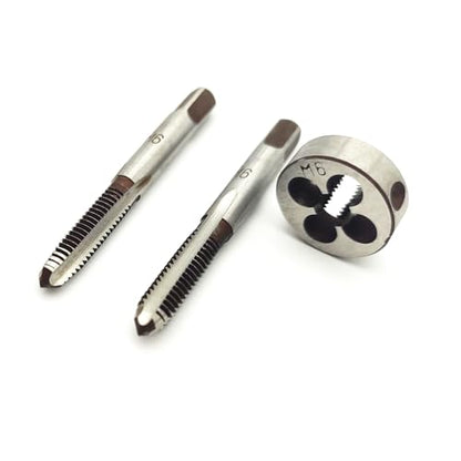 AtticZone M6 x 1.0 Metric Hand Thread Tap and Die Set, Right Hand 6 * 1.0, Alloy Tool Steel, 1 Taper Tap, 1 Plug Tap, 1 Round Die for Metal Working DIY Industrial - size: M6x1.0