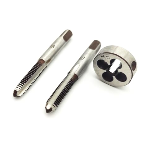 AtticZone M6 x 1.0 Metric Hand Thread Tap and Die Set, Right Hand 6 * 1.0, Alloy Tool Steel, 1 Taper Tap, 1 Plug Tap, 1 Round Die for Metal Working DIY Industrial - size: M6x1.0