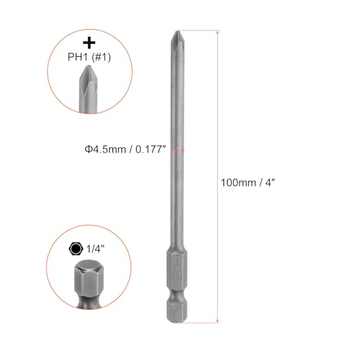 HARFINGTON 5pcs #1 Phillips Screwdriver Bit PH1 1/4" Hex Shank 4" (100mm) Long Magnetic S2 Steel Industrial Grade Screw Driver Bit Cross Head Electric Drill Bits 0.177" (4.5mm) Rod - size: PH1 x 100mm x 4.5mm