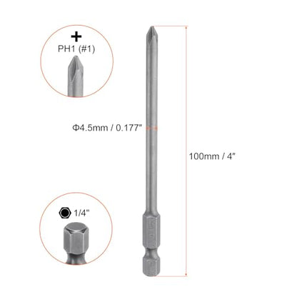 HARFINGTON 5pcs #1 Phillips Screwdriver Bit PH1 1/4" Hex Shank 4" (100mm) Long Magnetic S2 Steel Industrial Grade Screw Driver Bit Cross Head Electric Drill Bits 0.177" (4.5mm) Rod - size: PH1 x 100mm x 4.5mm