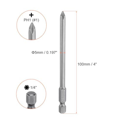 HARFINGTON 5pcs #1 Phillips Screwdriver Bit PH1 1/4" Hex Shank 4" (100mm) Long Magnetic S2 Steel Industrial Grade Screw Driver Bit Cross Head Electric Drill Bits 0.197" (5mm) Rod - size: PH1 x 100mm x 5mm